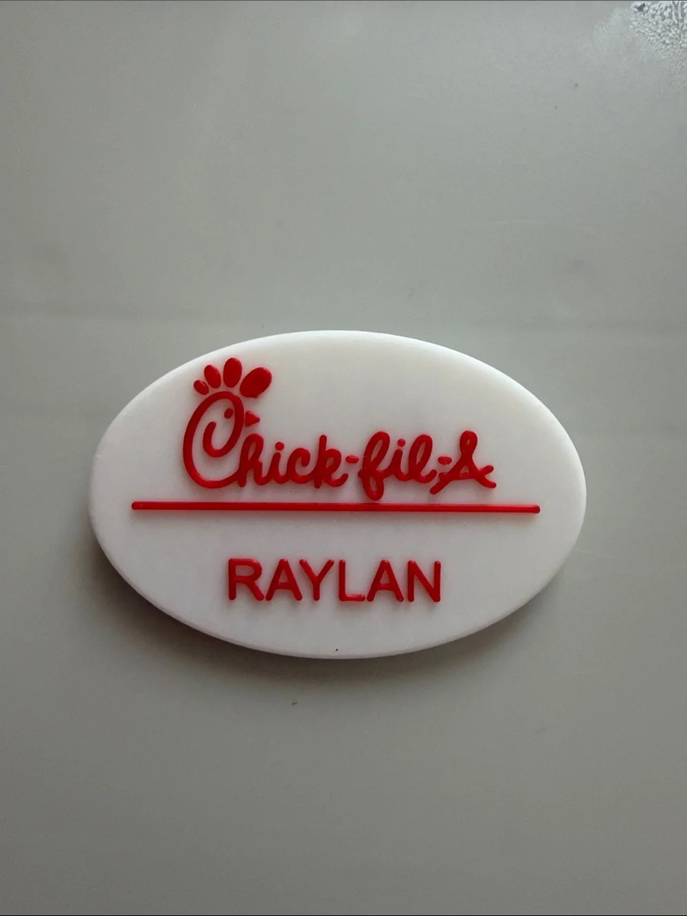 Magnetic Chick-fil-A Employee Name Badge — Raylan (White & Red)
